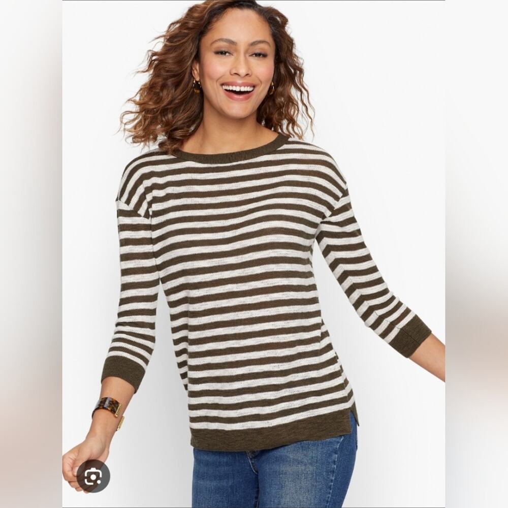 NEW Talbots Keyhole Tie Boatneck Striped Knit Top XL Green White Nautical Coasta